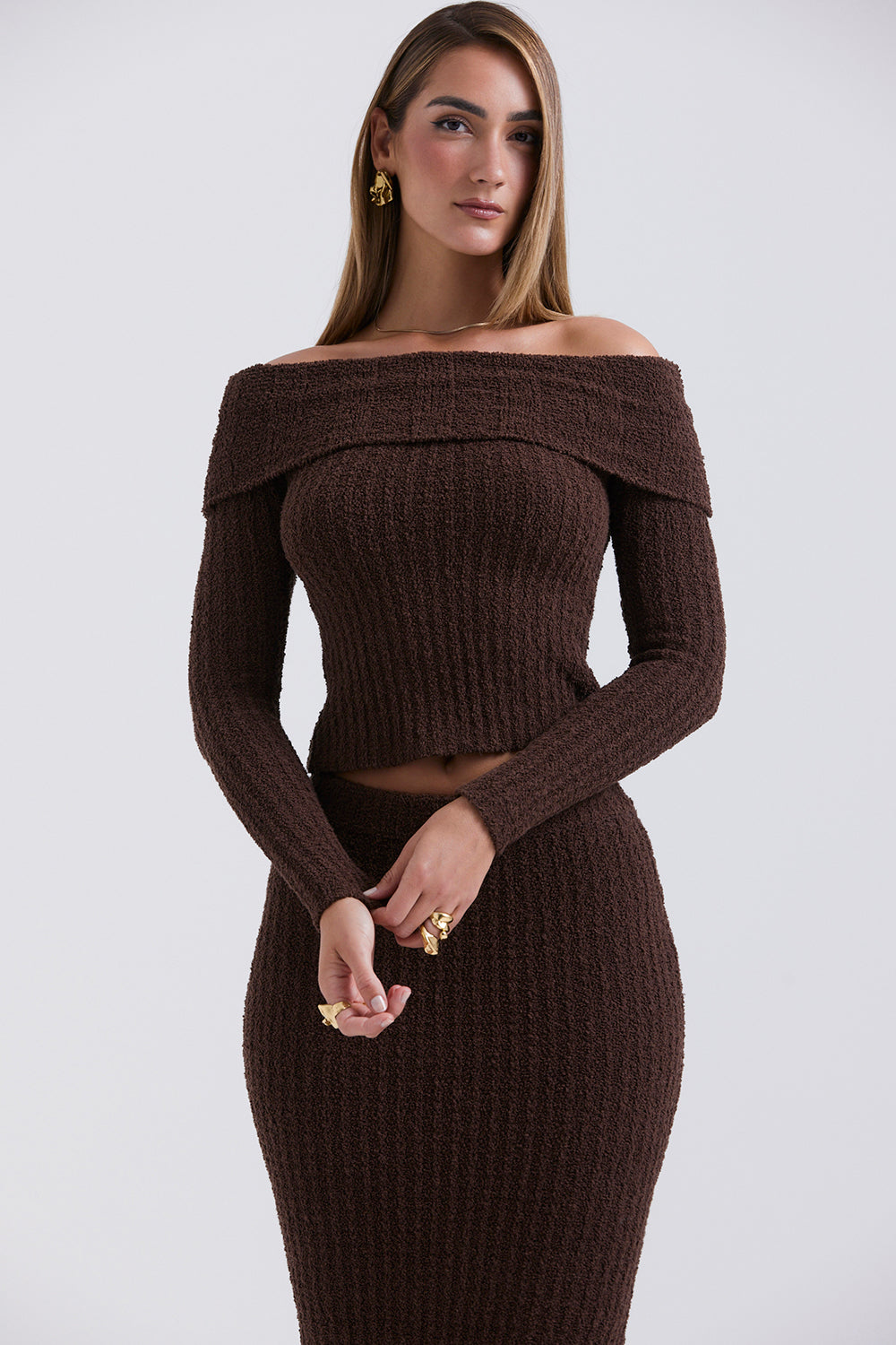 Chocolate soft bouclé knitted top with cotton maxi skirt