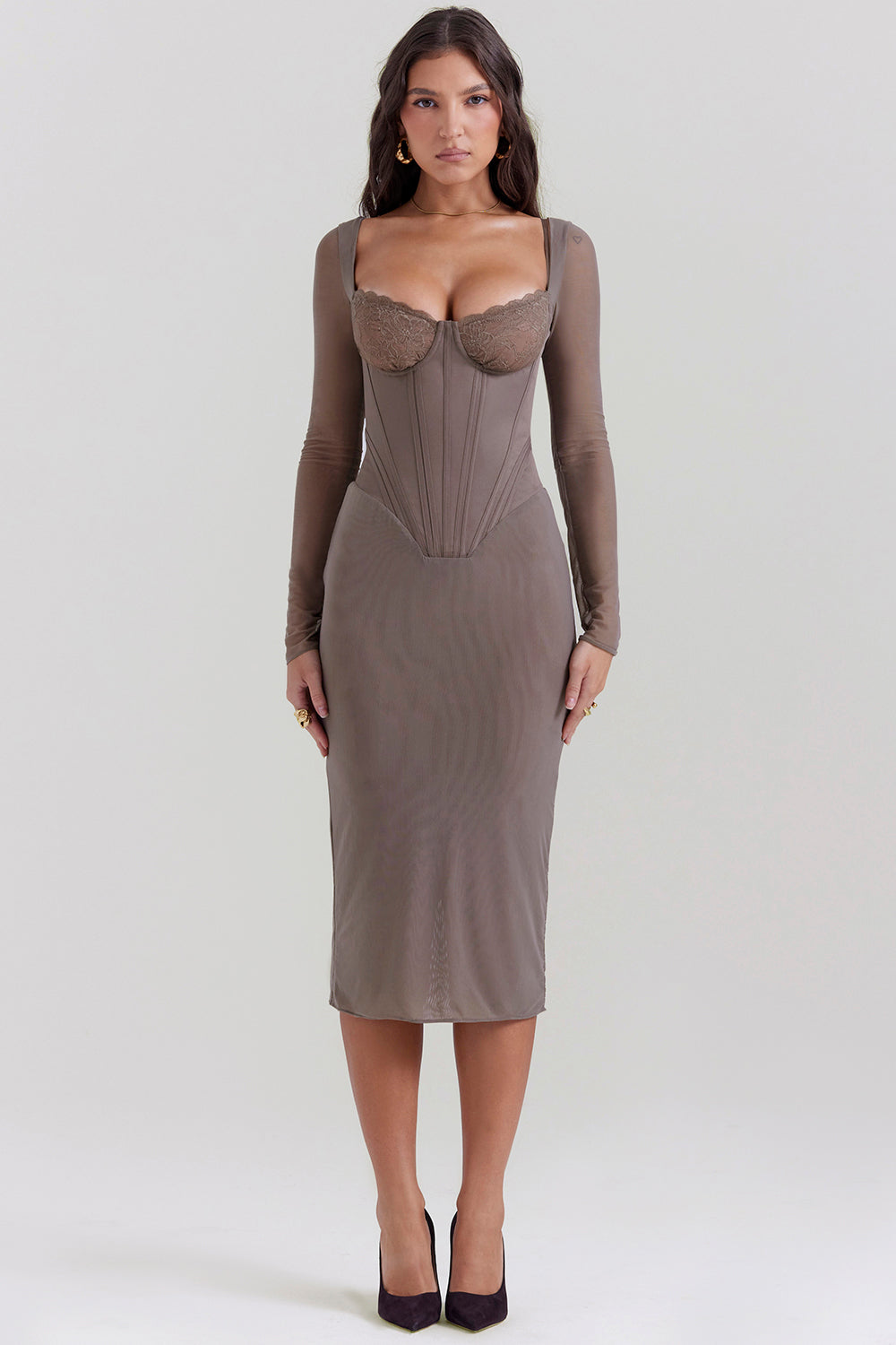 Mocha midi dress with corset