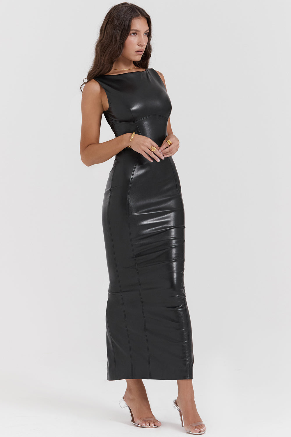 Black vegan leather maxi dress