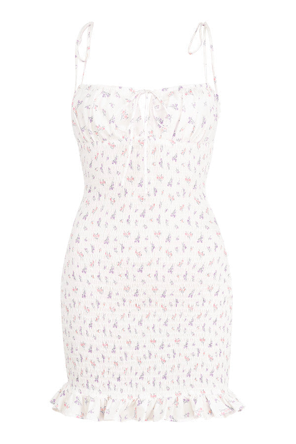 White pleated mini dress with flowers