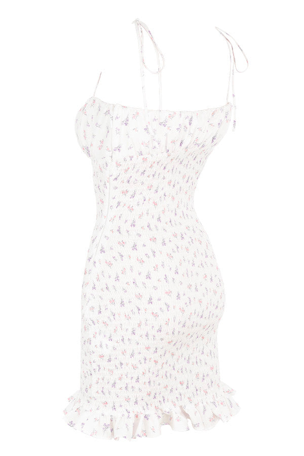 White pleated mini dress with flowers