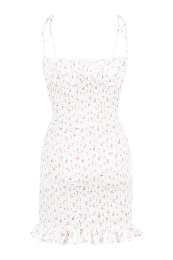 White pleated mini dress with flowers