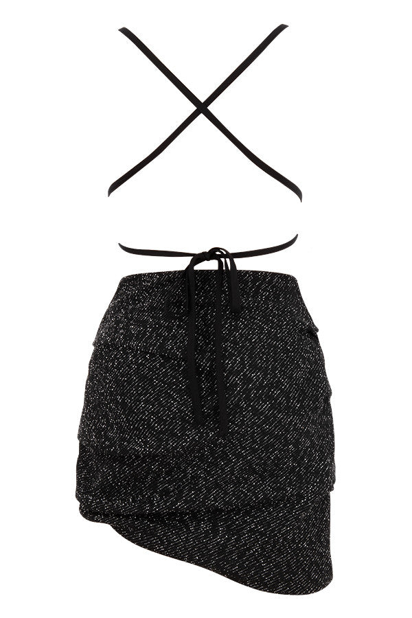 Black bouclé draped mini dress