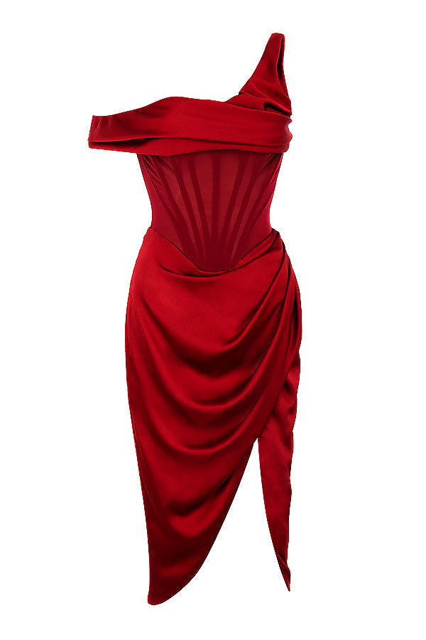 Asymmetrical draped midi corset dress