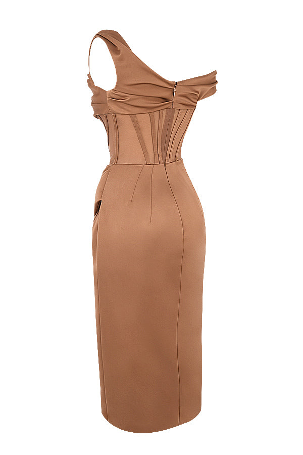 Asymmetrical draped midi corset dress