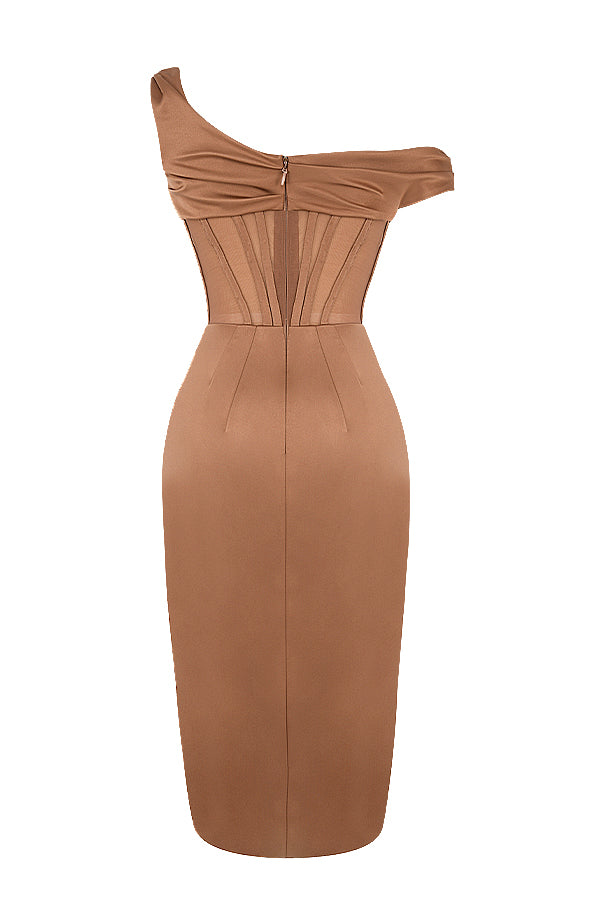 Asymmetrical draped midi corset dress