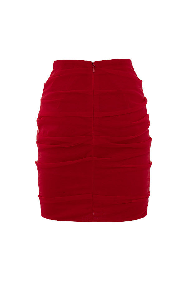 Red tulle corset top with mini skirt