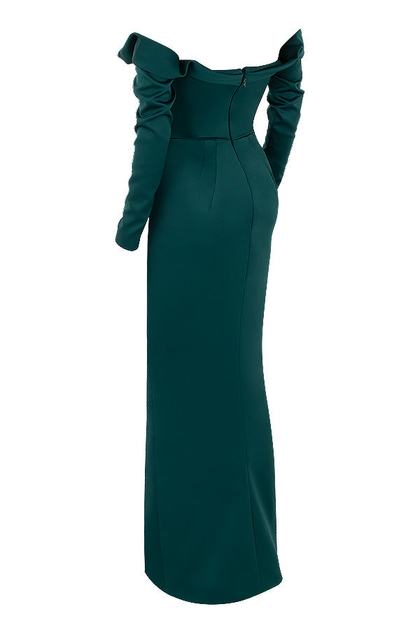 Emerald green satin draped strapless dress