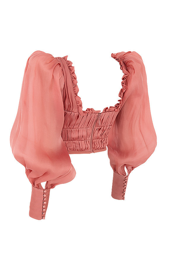 Rouge organza corset with ruffles