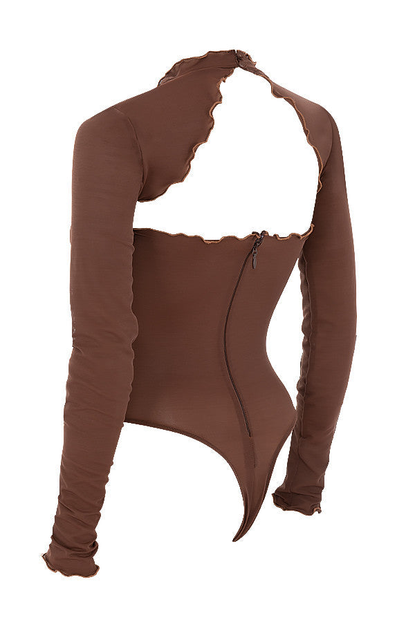 Brown power mesh bodysuit with tie front