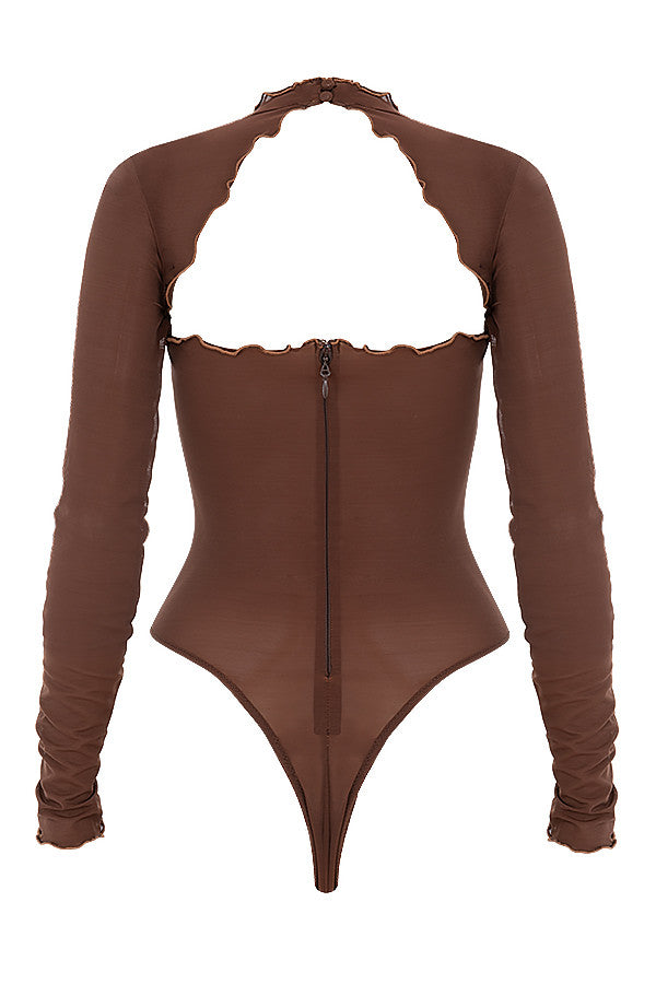 Brown power mesh bodysuit with tie front