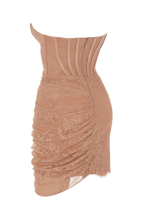 Beige lace strapless corset dress