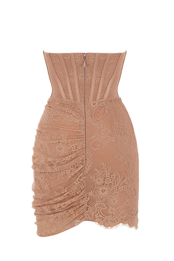 Beige lace strapless corset dress