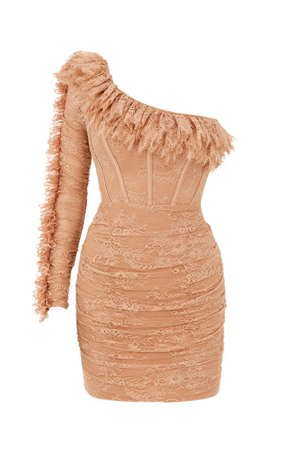 Beige asymmetrical mini dress with ruffles