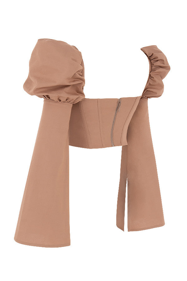 Mocha linen mix corset with flared sleeves