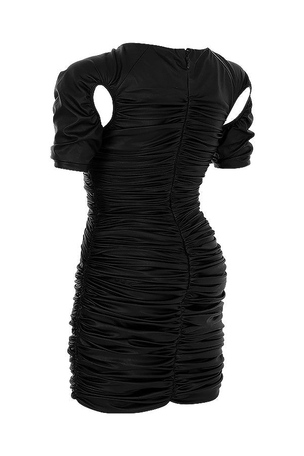 Black vegan leather dress with cutouts on the sleeves