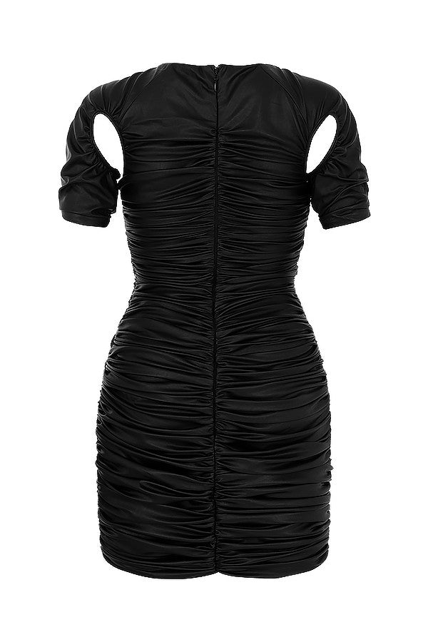 Black vegan leather dress with cutouts on the sleeves