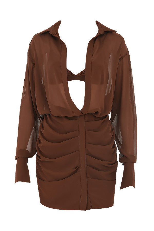 Chocolate chiffon shirt dress and bralette