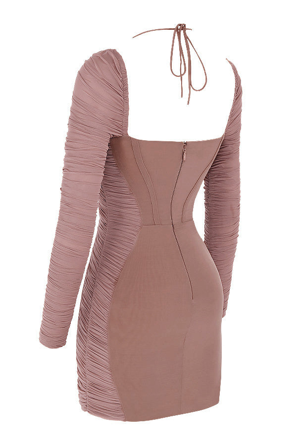 Mocha mini corset dress with ruffles