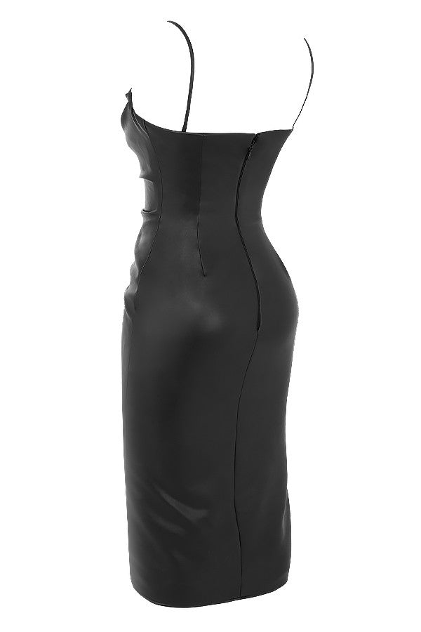 Black vegan leather corset midi dress