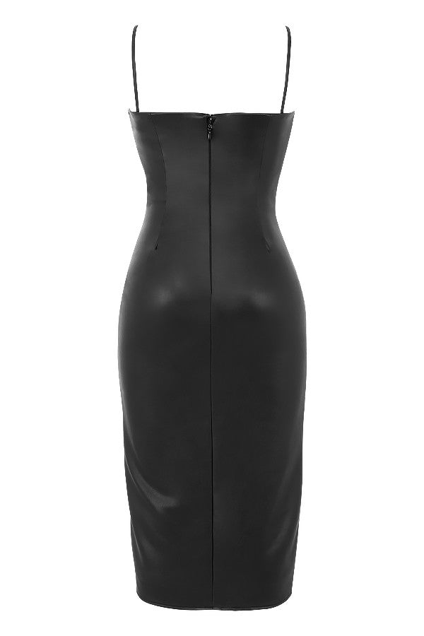 Black vegan leather corset midi dress