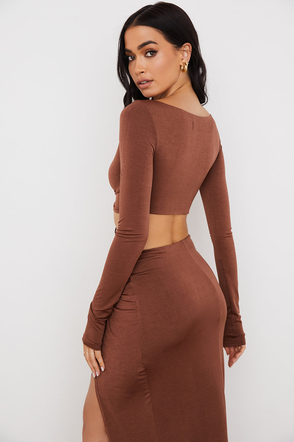 Chocolate gathered crop top with jersey maxi skirt with twist front