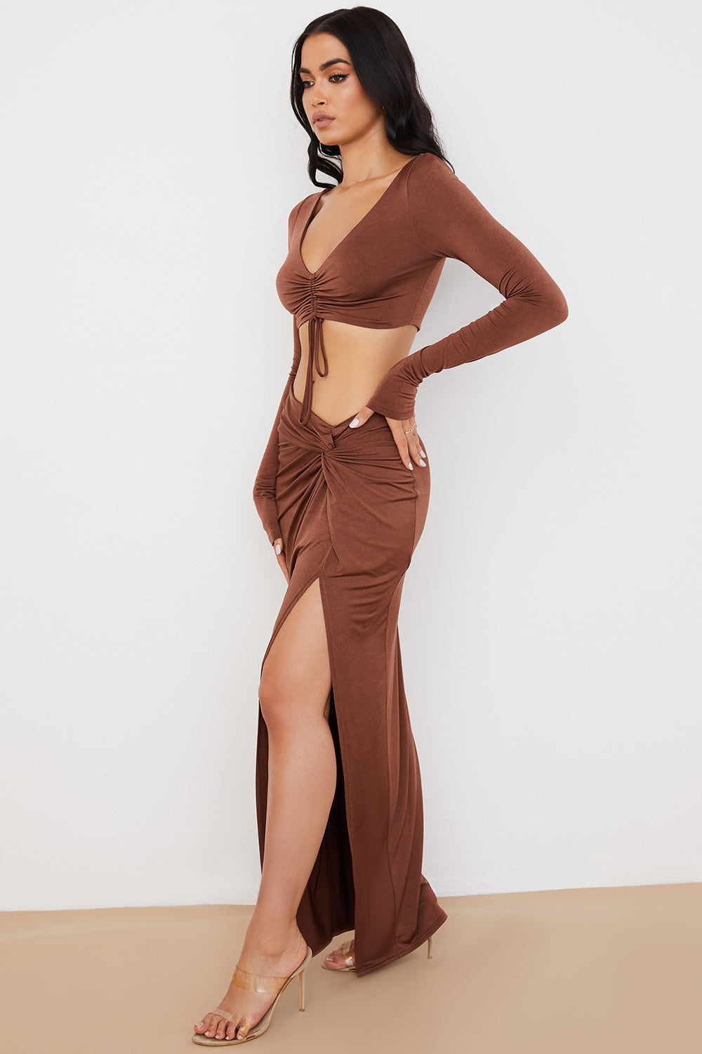 Chocolate gathered crop top with jersey maxi skirt with twist front