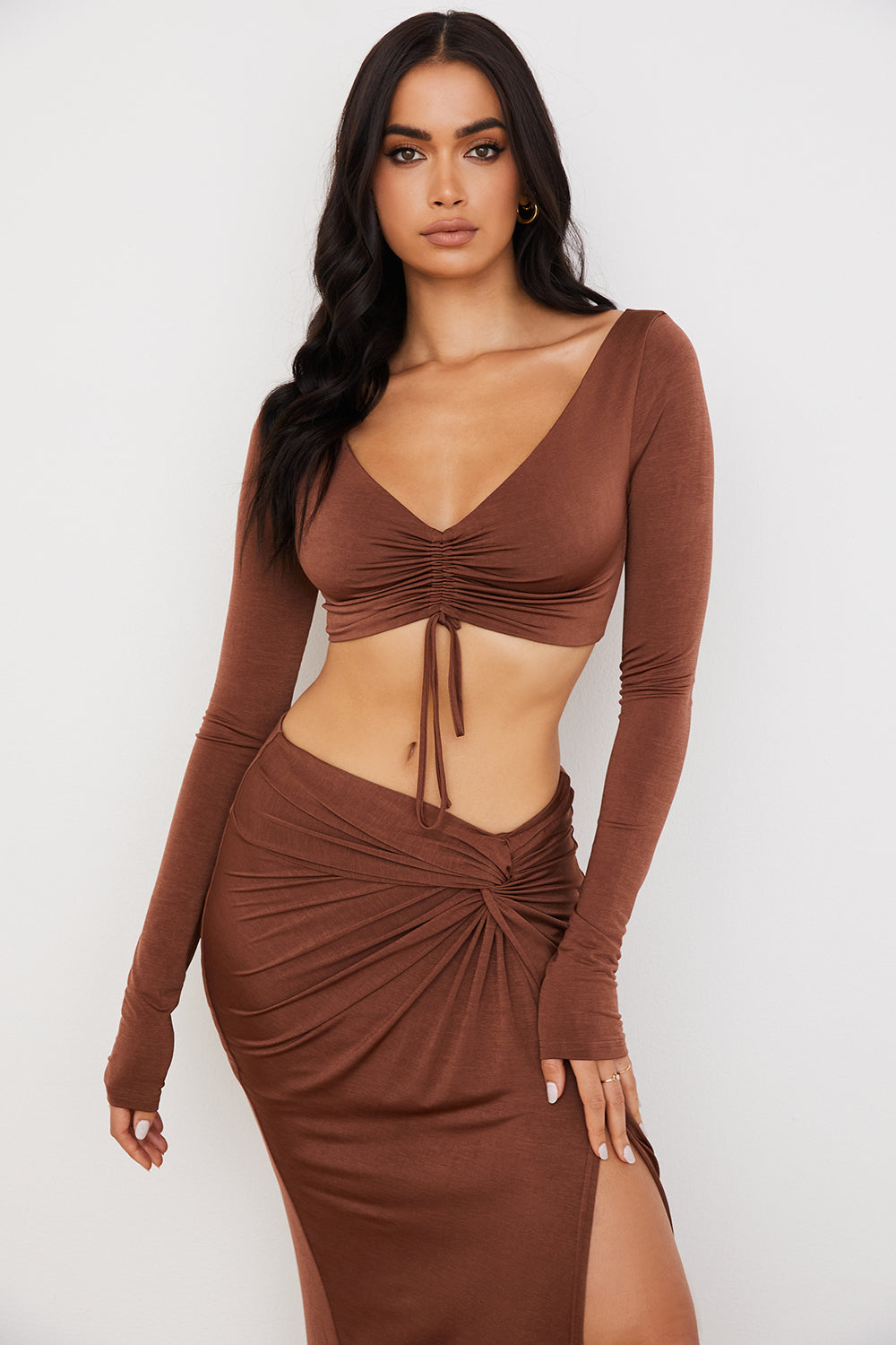 Chocolate gathered crop top with jersey maxi skirt with twist front