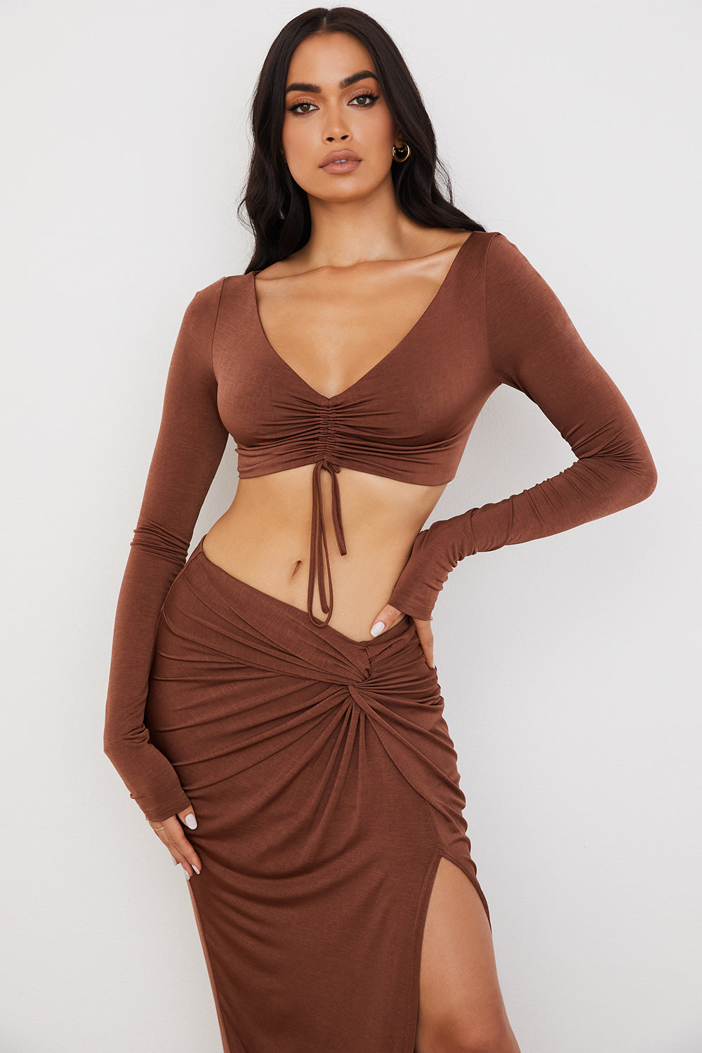 Chocolate gathered crop top with jersey maxi skirt with twist front