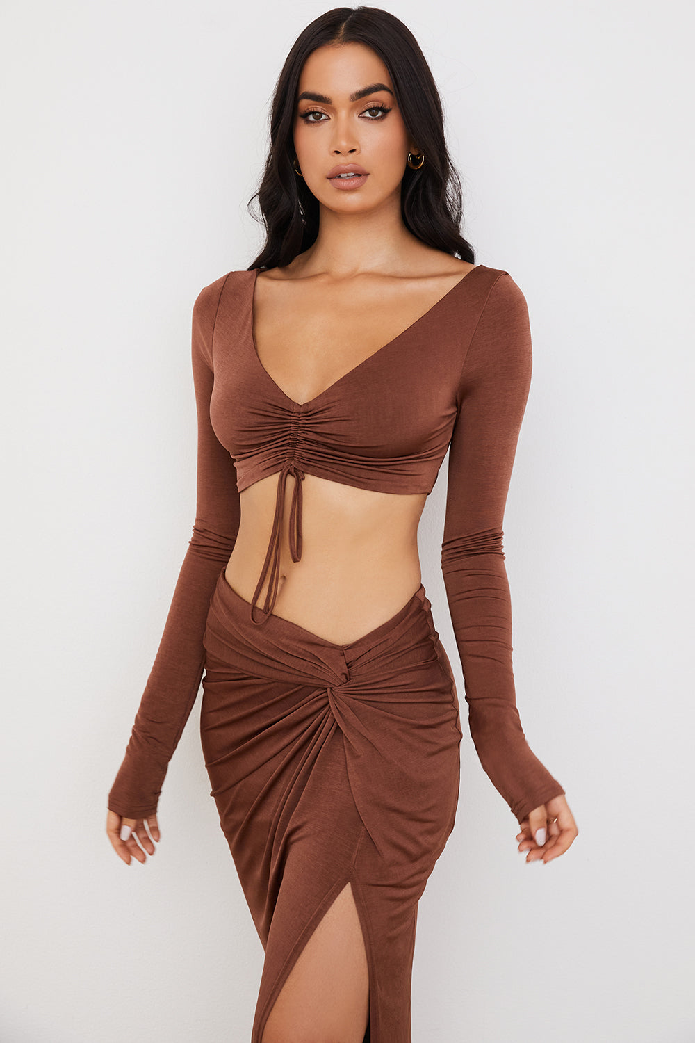 Chocolate gathered crop top with jersey maxi skirt with twist front