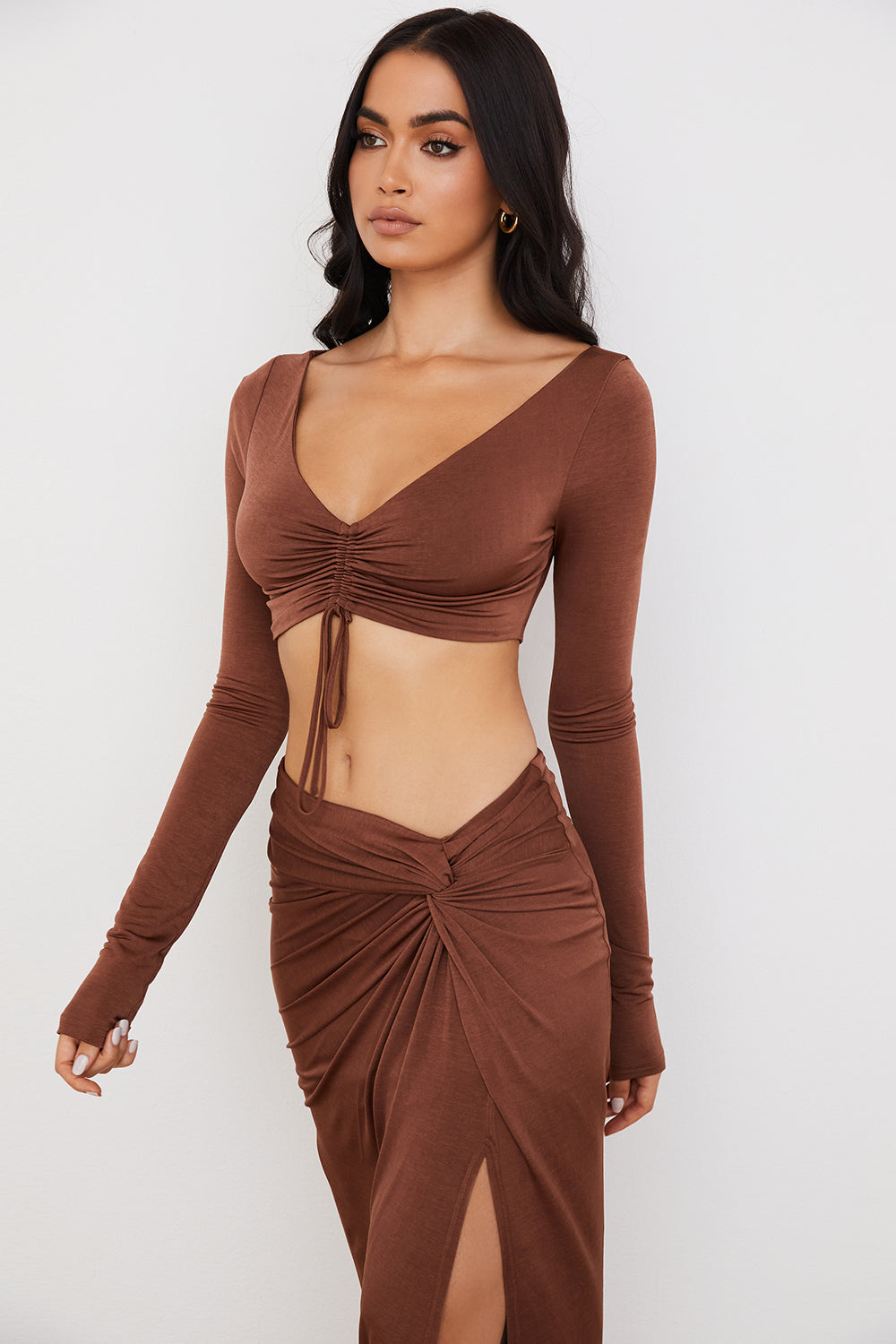 Chocolate gathered crop top with jersey maxi skirt with twist front