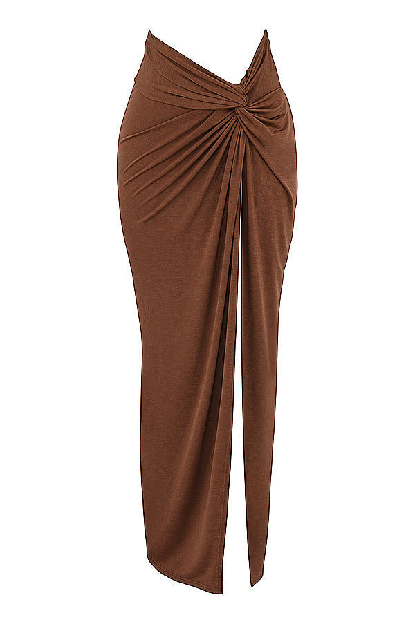 Chocolate gathered crop top with jersey maxi skirt with twist front