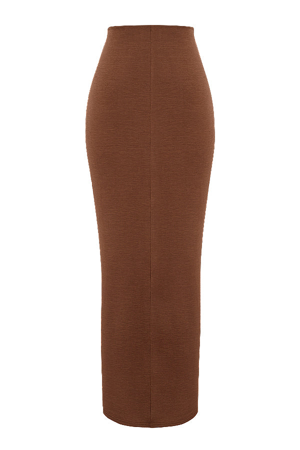 Chocolate gathered crop top with jersey maxi skirt with twist front