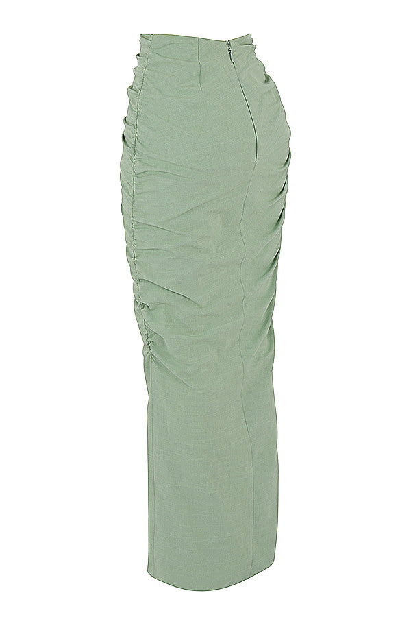 Sage colored bustier top with halter neck and maxi skirt with drawstring