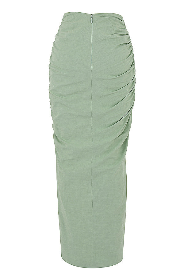 Sage colored bustier top with halter neck and maxi skirt with drawstring