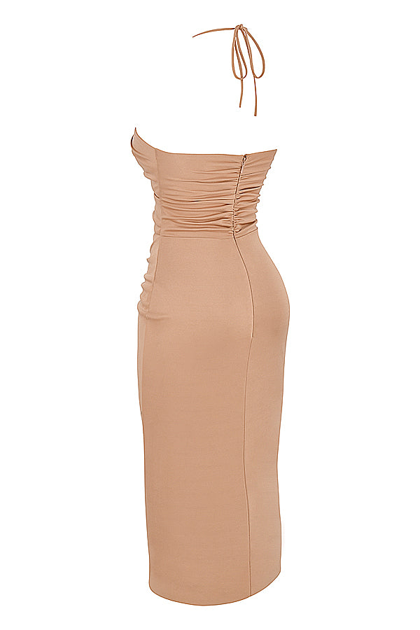 Midi dress with cutout in caramel