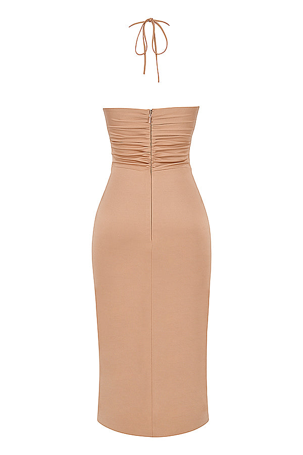 Midi dress with cutout in caramel