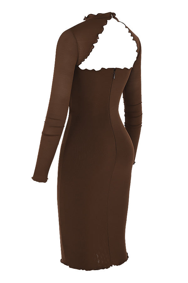 Chocolate power mesh midi dress with tie closure at the front