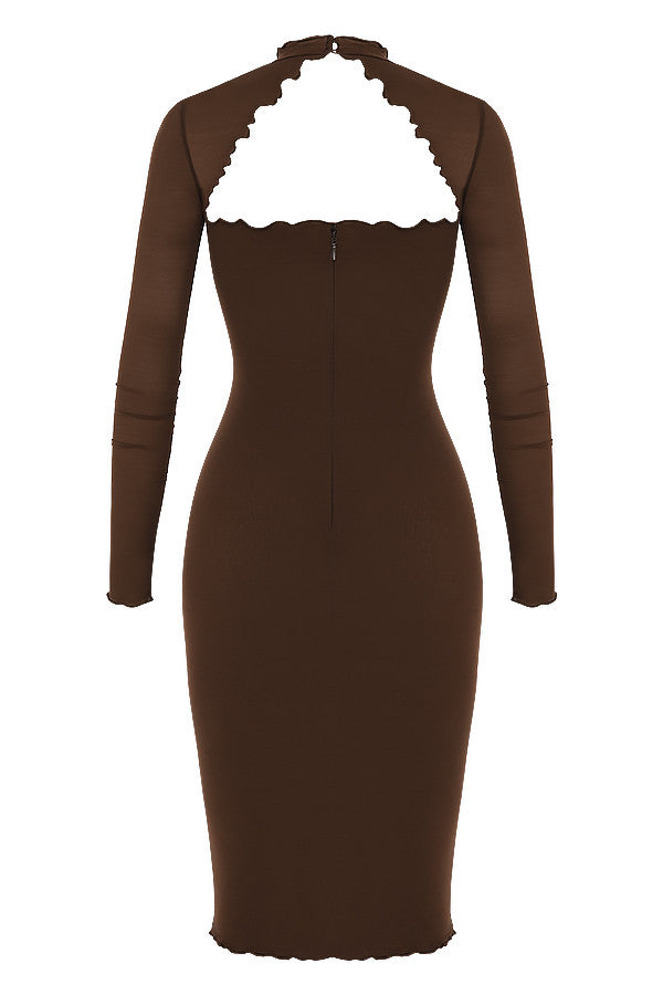 Chocolate power mesh midi dress with tie closure at the front