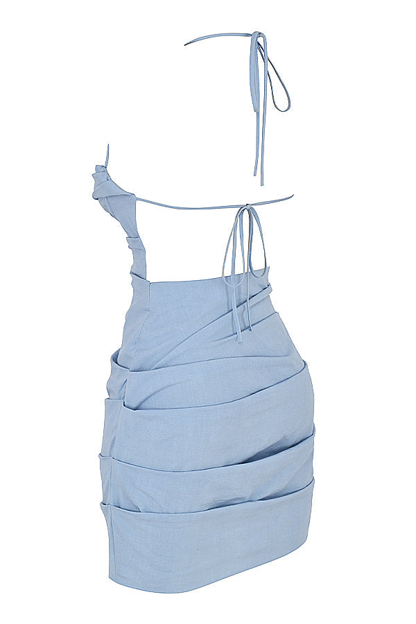 Baby blue mini halter dress with open back