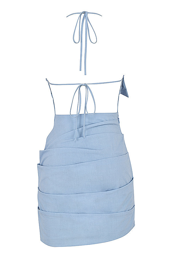 Baby blue mini halter dress with open back