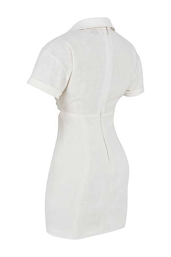 White mini shirt dress with twisted front and cutout