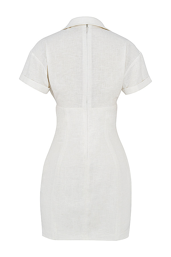 White mini shirt dress with twisted front and cutout