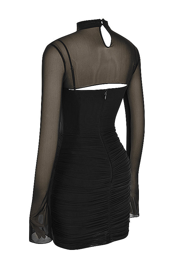 Black mini dress with mesh cutout