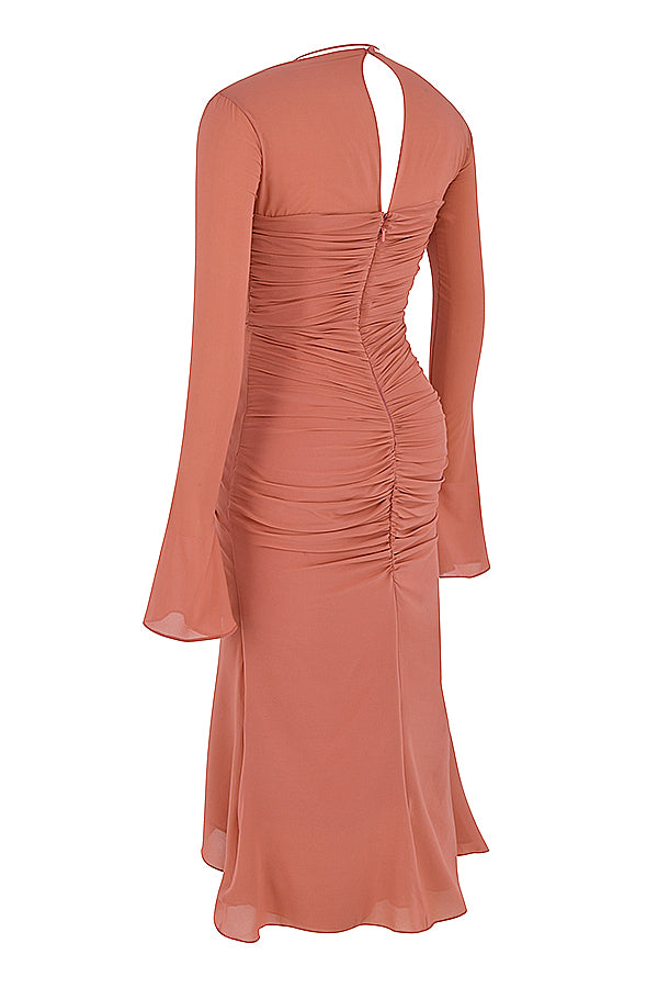 Rose midi dress made of real silk with ruffles