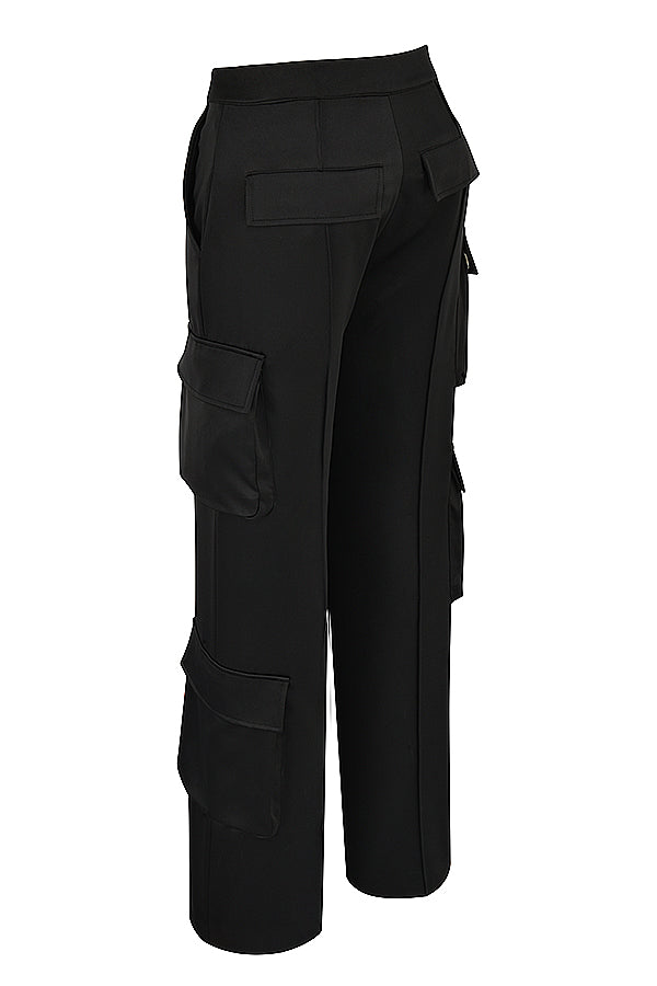 Black long satin corset with straight leg cargo pants