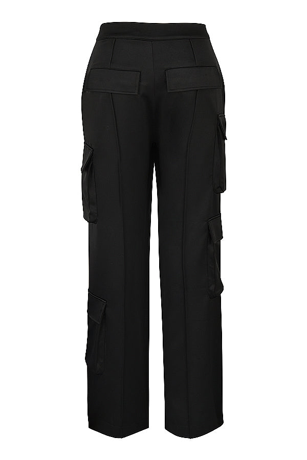 Black long satin corset with straight leg cargo pants