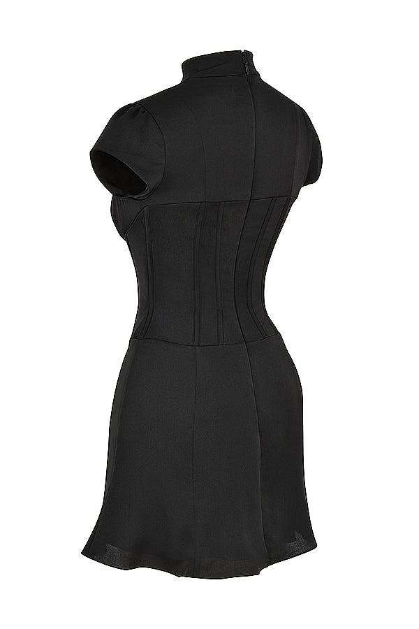 Black satin fluted corset mini dress