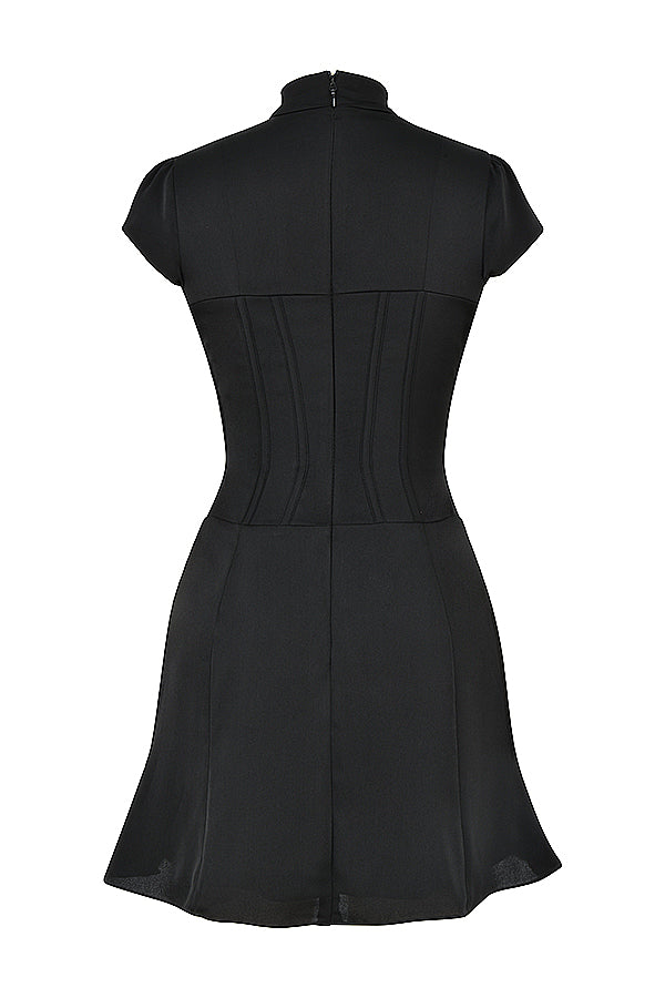 Black satin fluted corset mini dress