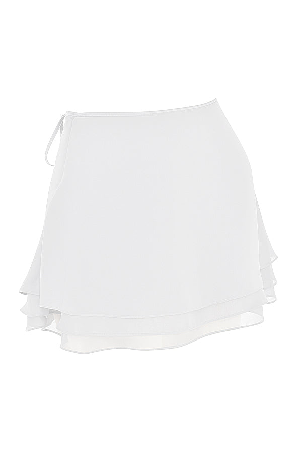 White chiffon corset with straps and floating layered mini skirt